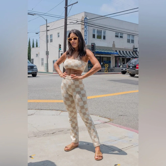 Belle the Label Checkered Knit Crop Top and Pant in Sand - Picture 4 of 14